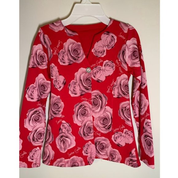 Red girls blazer with pink roses, one button, light jacket - Picture 1 of 3